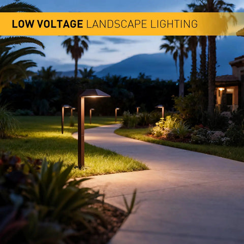 Low Voltage Outdoor Pathway Lighting Kit With 0.6W LED 3100K Warm White 12V Metal Path Lights illuminating a garden path