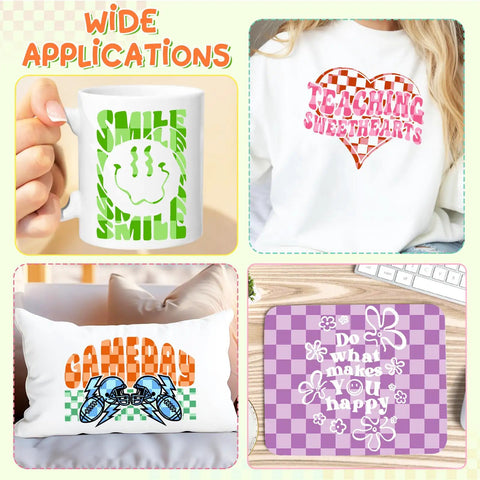 Checkerboard Sublimation Transfer Sheets Set, 12 Sheets 12 By 10 Inches, Colorful Check Pattern Paper For DIY crafts displayed on mug, shirt, pillow, and mat