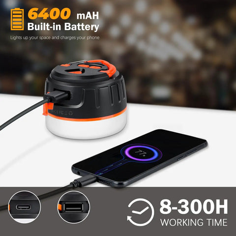 Rechargeable Go To Camping Lantern With 6400mAh Battery For Long Runtime IPX5 Waterproof Tent Light charging a smartphone