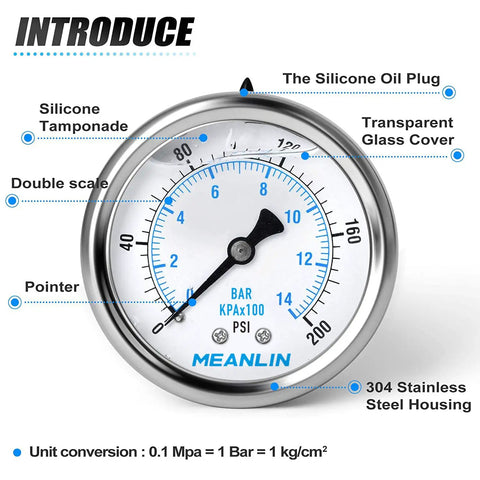 Tough Stainless Steel Liquid Filled Pressure Gauge 0-200 Psi, 2.5 Inch Dial, 1/4 NPT, Center Back Mount, WOG Water Oil Air