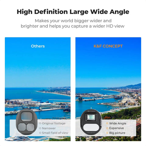 Comparison of standard view and K&F Concept with Wide Angle Lens for DJI Mavic 4 Pro Drone, 108 Degree Field Of View.