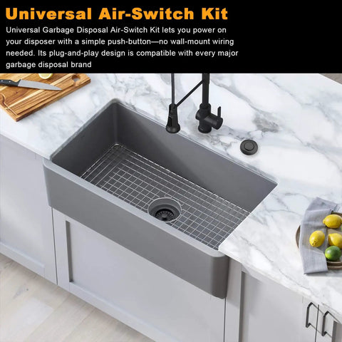 Kitchen sink with Air Switch Kit for Garbage Disposals UL Certified Sink Top Push Button 3.5 Inch Brass Button Matte Black Finish