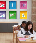 Students in classroom with colorful science bulletin board set featuring scientist posters on walls including Scandium, Iodine, Krypton, Cerium, Magnesium, Sulfur.