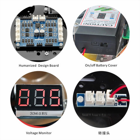 OSOYOO FlexiRover robot car kit: blue board with white headers, battery switch, voltage monitor, connector block.