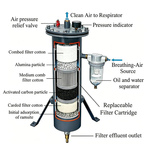 Diagram of Pro Grade Sandblaster Helmet Filter with Replaceable Activated Carbon Breathing Air Filters showing interior layers and components.