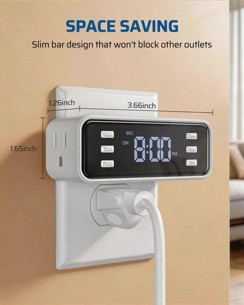 7 Day Programmable Heavy Duty Digital Timer With Dual Plugs And Two Pack Offering A Wide Angle Crisp Screen mounted on wall with time display.