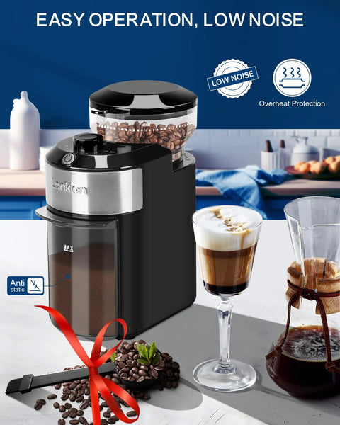 Adjustable 28 Settings Burr Coffee Grinder for Home Use with stainless steel flat burrs and 12 cup capacity on a kitchen counter.
