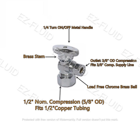 10 Pack Half Inch Nominal Compression Angle Stop Valve Chrome Brass Quarter Turn Water Shut Off For Sinks Bathrooms Kitchens And Laundry Plumbing Lead Free Durable No Fuss Easy Install. Image shows valve with labeled parts including brass stem and outlet size.