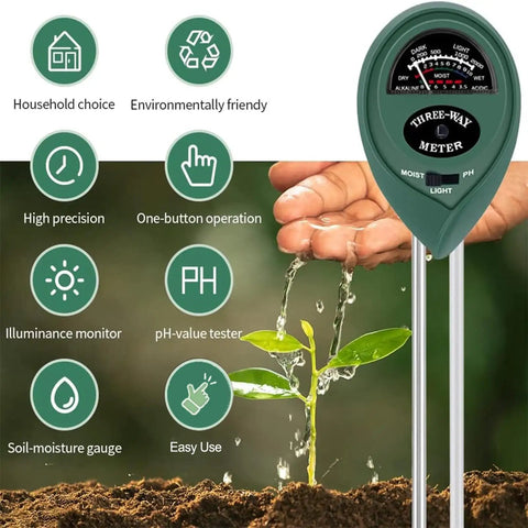 All-In-One Soil Tester 2-Pack, 3-In-1 Moisture Meter, Light Meter and pH Tester with plant and hand in garden