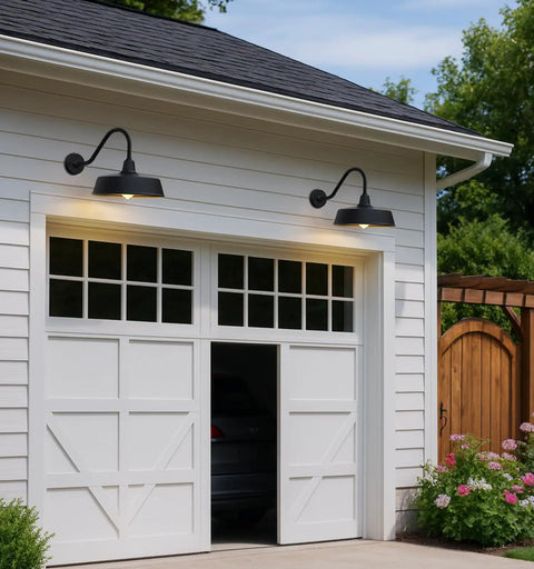Exterior view of a garage with Gooseneck Barn Light With 15 Inch Arm Dusk To Dawn Outdoor Porch Fixture Vintage Rustic Exterior Lighting.