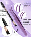 Double-ended lash brush and purple tweezers from Wispy Lash Clusters Kit Natural Eyelash Extensions 156 Pieces Quick Lash Upgrade