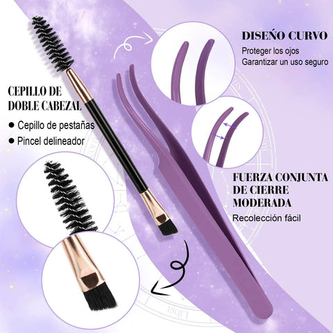 Double-ended lash brush and purple tweezers from Wispy Lash Clusters Kit Natural Eyelash Extensions 156 Pieces Quick Lash Upgrade