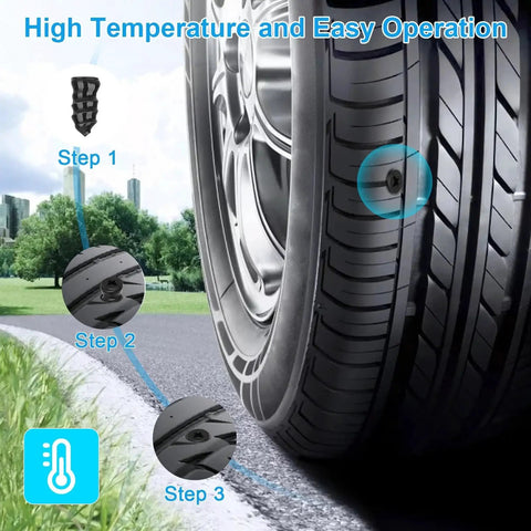 Car tire on grass with Three Steps for Using Two-Size Tire Plug Kit With Screw-In Plugs And Driver, Self-Sealing Tubeless Tire Repair