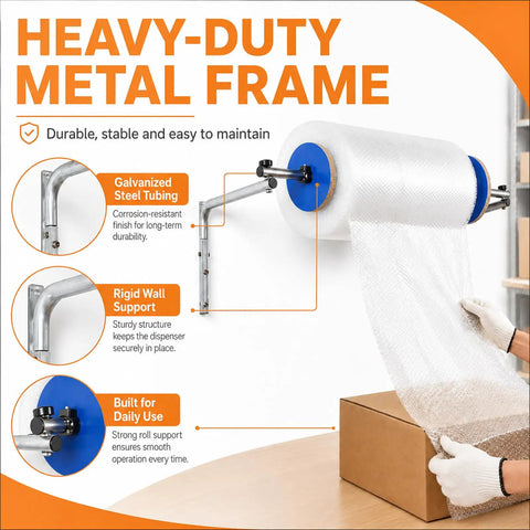 Heavy Duty Wall Mount Bubble Wrap Dispenser Rock Solid Galvanized Steel Bubble Cushioning Roll Holder on wall with bubble wrap.