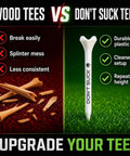 Comparison of wood tees and Dont Suck Golf Tees Pack Of 50 With Durable Four Prong Design And PureFlight Tech for straighter drives.