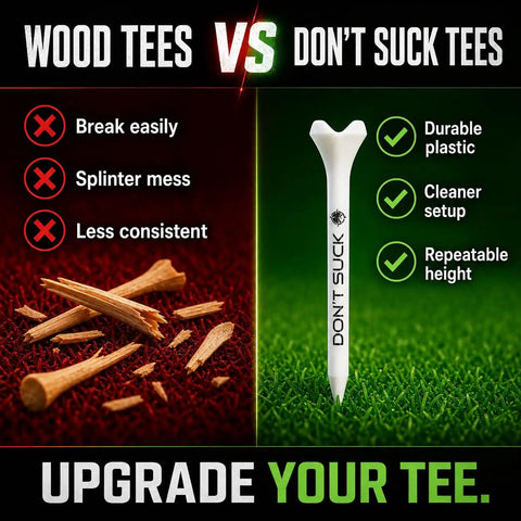 Comparison of wood tees and Dont Suck Golf Tees Pack Of 50 With Durable Four Prong Design And PureFlight Tech for straighter drives.