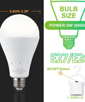 Rechargeable Emergency Light Bulbs Pack of 6, 9W LED with 1200mAh Battery, 60W Equivalent, 6000K Daylight, E26 dimensions and features