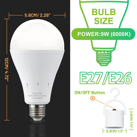 Rechargeable Emergency Light Bulbs Pack of 6, 9W LED with 1200mAh Battery, 60W Equivalent, 6000K Daylight, E26 dimensions and features