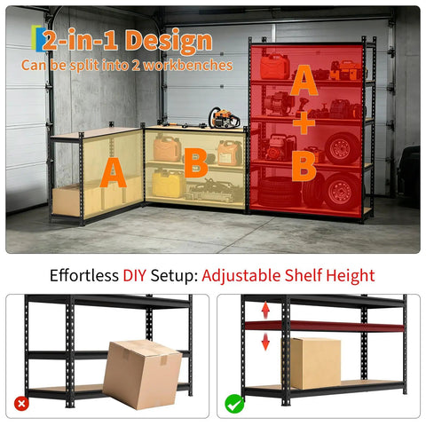 Rock Solid Five Tier Heavy Duty Storage Rack With Thick Mdf Boards And Customizable Spacing for garage, showcasing 2-in-1 design and adjustable height.
