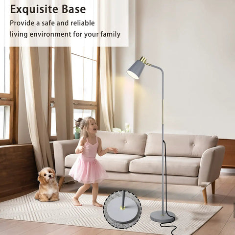 Dope Industrial Floor Lamp With Adjustable Metal Heads in living room, grey finish, child and dog in cozy setting