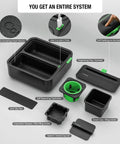 Ultimate Sofa Tray Caddy With Armrest Table, Phone Holder, Remote Organizer And Snack Storage, Gyro Stabilized Cup Holder For Living Rooms, RVs, And Cars Black And Green components displayed