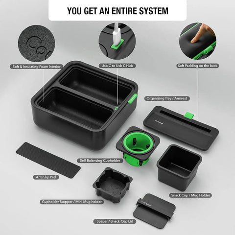 Ultimate Sofa Tray Caddy With Armrest Table, Phone Holder, Remote Organizer And Snack Storage, Gyro Stabilized Cup Holder For Living Rooms, RVs, And Cars Black And Green components displayed