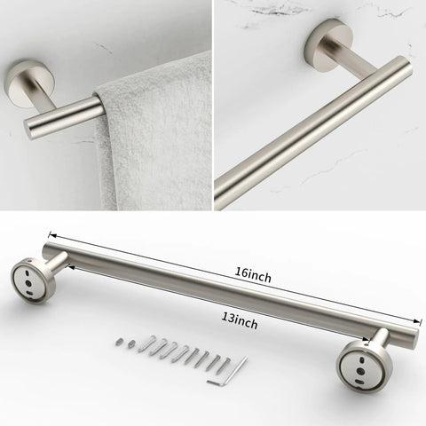 3 Piece Bathroom Hardware Set With Brushed Finish Toilet Paper Holder Hand Towel Ring And 16 Inch Towel Bar And SUS304 Stainless Steel Wall Mount Built To Last Rustproof For Humid Bathrooms, detail of 16 inch towel bar with brushed nickel finish, showing installation hardware.