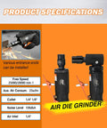 Two Piece Air Die Grinder Set With Straight And Angled Grinders, 1/4 And 1/8 Inch Collets, Product Specifications Shown