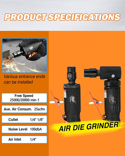 Two Piece Air Die Grinder Set With Straight And Angled Grinders, 1/4 And 1/8 Inch Collets, Product Specifications Shown