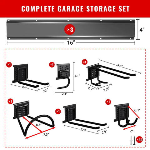 Diagram of Built Tough 48 Inch Garage Tool Organizer Wall Mount With 6 Adjustable Hooks showing dimensions and components.