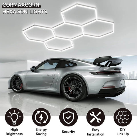 Hexagon LED Garage Lights 6500K Cool White Hex Ceiling Fixture illuminating garage scene with sports car and feature icons.