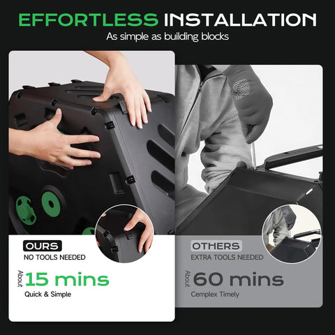 Effortless installation of Dual Chamber 45 Gallon 170L Compost Tumbler With 360 Degree Rotating Design shown, quick assembly in 15 mins.
