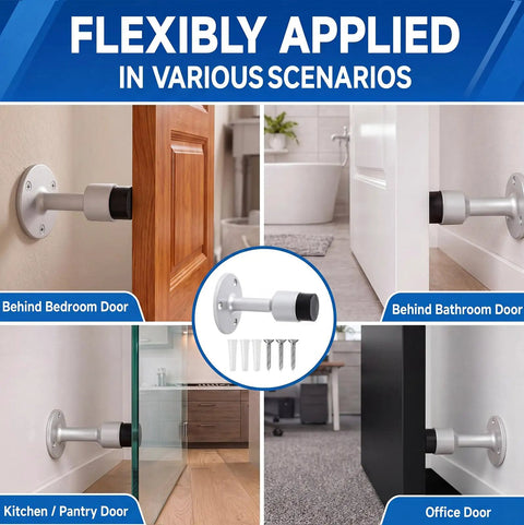 Heavy Duty Aluminum Wall Mounted Door Stop 2 Pack With Sound Dampening Rubber Bumpers in various room scenarios