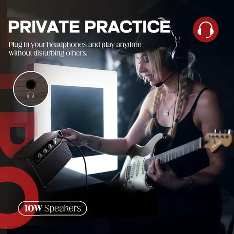 Woman using 10W Portable Guitar Amp With Rechargeable Battery, Tiny Practice Amp for Electric Guitars, Clean And Drive Channels indoors