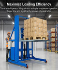 Heavy Duty Mobile Electric Hydraulic Loading Platform With 2 Ton 4400 Lb Capacity Portable Dock Lift dual voltage with stacked boxes in warehouse.