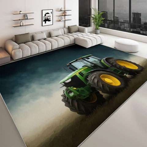 Cozy 5x6 Foot Non Slip Area Rug With Soft Plush Texture, Machine Washable Dark Green Carpet For Living Room, Bedroom, Nursery, Office, And Dining Room, Kid Friendly, Barefoot Safe And Durable featuring tractor design in a modern living room setting