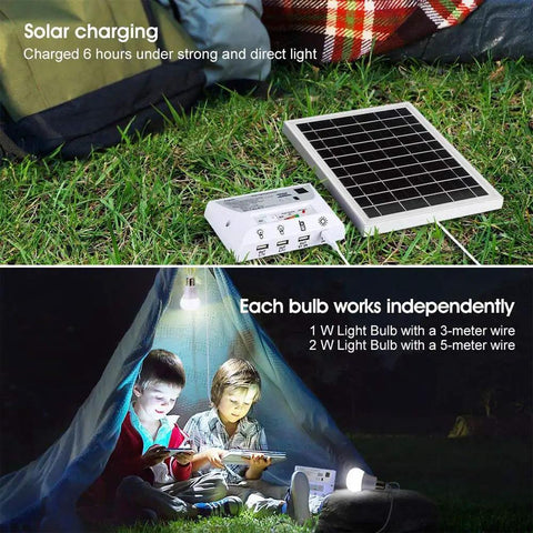 Off Grid Solar Light With Dual LED Bulbs And Solar Panel Pendant for home outdoor shop and camp use phone charging backup