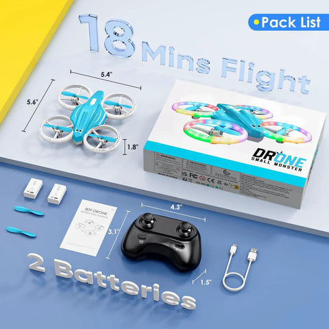 Product pack of Indoor Kids Drone With LED Lights And 360 Flip Easy To Fly Mini RC Quadcopter Dual Batteries Beginner Friendly Toy Gift For Boys And Girls Light Blue Glow with accessories