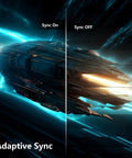 Comparison of Adaptive Sync on and off with futuristic spaceship graphics for 45 Inch Ultrawide Curved Gaming Monitor 5120x1440 Resolution.