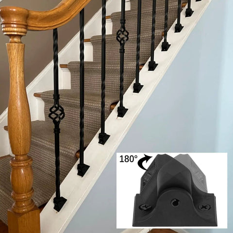 Staircase with aluminum swivel shoes on balusters. Close-up of Swivel Shoes For Half Inch Square Balusters, Aluminum Build