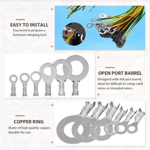 Six Size Copper Ring Crimp Terminals Kit 240 Pcs Non Insulated O Type Open Barrel Wire Lugs For Auto Motorcycle Boat