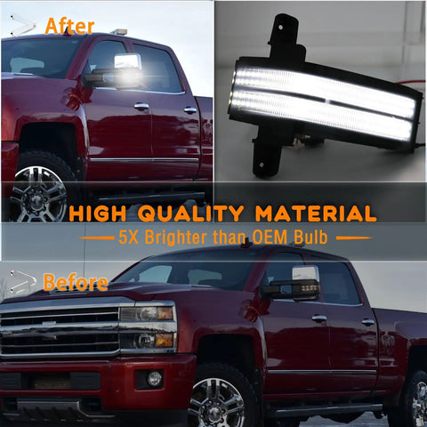 LED Rear Side Mirror Light DRL Amber Sequential Turn Signal Lamp Kit for Chevy Silverado GMC Sierra with Before and After Comparison
