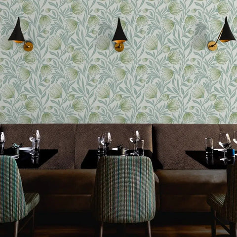 Badass Botanical Modern Vinyl Wallpaper With Smooth Leather Texture Heavy Duty Commercial Wallcovering Custom Printed Just For You For Offices Hotels And Major Event Spaces in a restaurant setting.