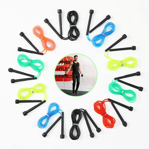 10 Pack PVC Jump Ropes For Cardio Fitness Versatile Adjustable Skipping Rope Set For Women Men Kids Speed Jump Rope For Exercise 9 Feet Length Durable Lightweight Construction Perfect For HIIT Warmups And All Skill Levels arranged in a circle with a central image of a person skipping.