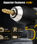 Close-up of drill with Premium 13 Piece Screw Extractor Set For Damaged Stripped Screws with HSS 6542 Titanium Gold Coated Bits.