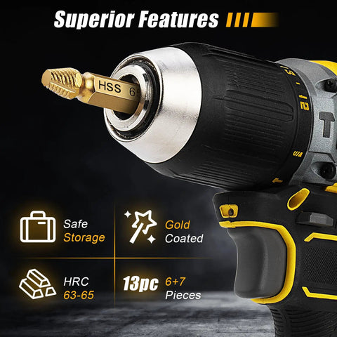 Close-up of drill with Premium 13 Piece Screw Extractor Set For Damaged Stripped Screws with HSS 6542 Titanium Gold Coated Bits.