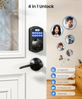 Keyless Fingerprint Door Lock With Keypad Deadbolt In Matte Black on a door, showcasing digital keypad and handle design.