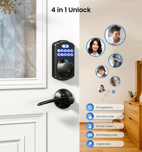 Keyless Fingerprint Door Lock With Keypad Deadbolt In Matte Black on a door, showcasing digital keypad and handle design.