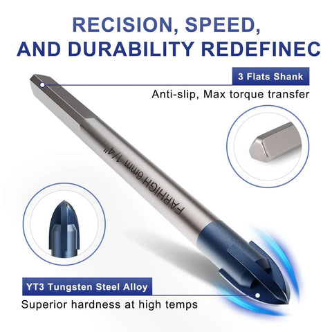 Side view of a 6 mm glass and tile drill bit with tungsten carbide tip and 3-flat shank