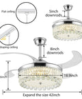 Diagram of 42 Inch Reversible Crystal Ceiling Fan With Lights And Remote Control, showing dimensions and blade expansion, for flat and sloping ceilings.